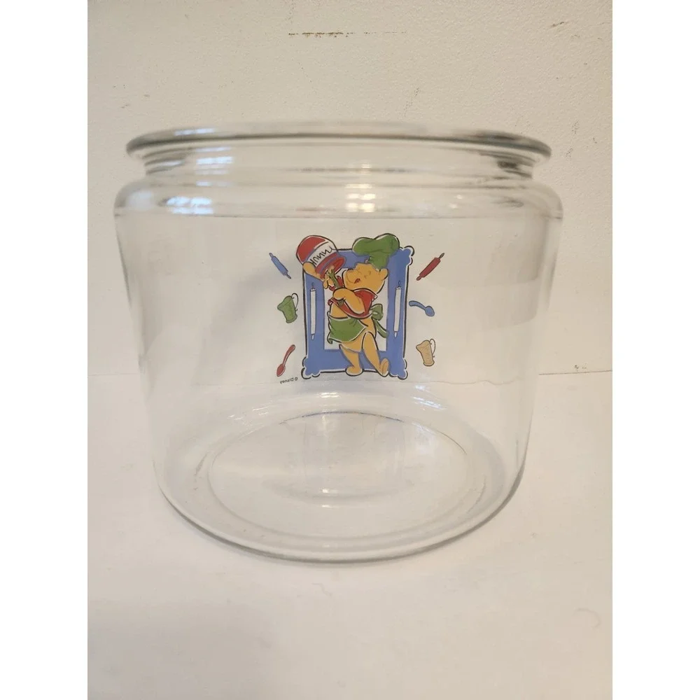 WINNIE THE POOH What's Cooking Glass Cookie Jar Clear Canister Vtg 1990s Disney
